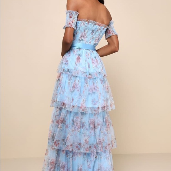 Pretty Whimsy Blue Floral Tiered Off-the-Shoulder Maxi Dress - Picture 2 of 4